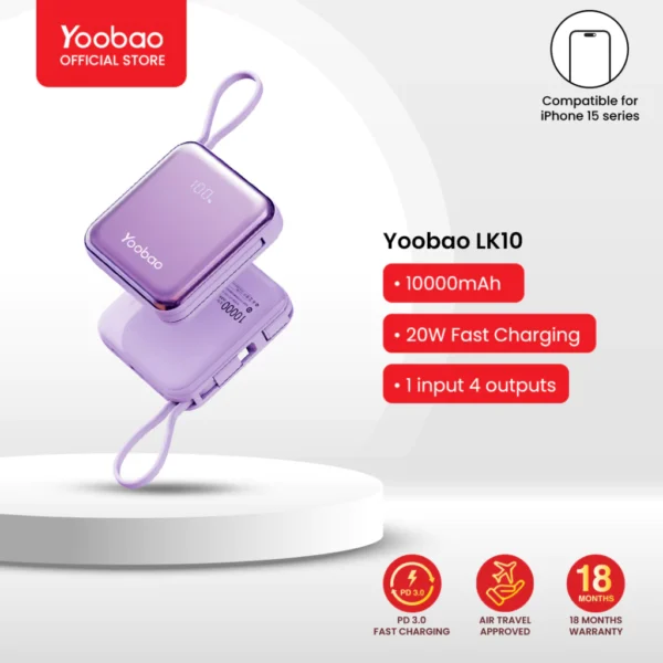 my-11134201-7ras9-m2xq5awty9b6d9.webp Yoobao LK10 10000mAh Mini Fast Charging Powerbank Built in Cables (Lightning & Type C) PD20W SCP22.5W Lilac Purple