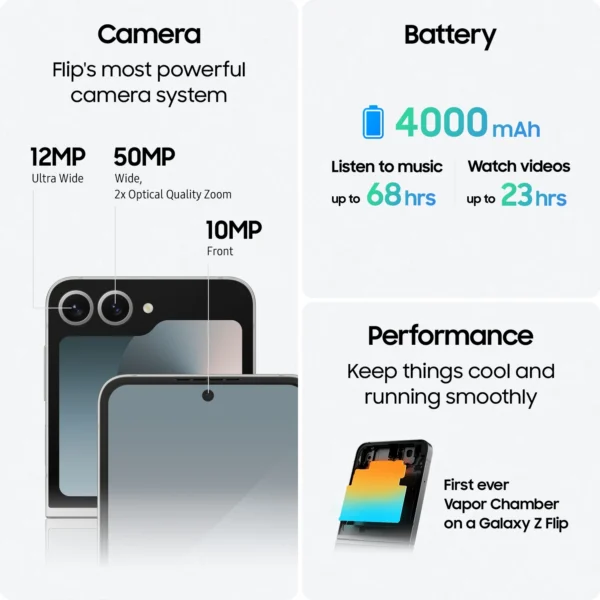 sg-11134301-7rdw2-lxjjkmbrlx1i77.webp SAMSUNG Galaxy Z Flip6, AI Smartphone, Android, 12GB RAM, New 50MP Camera, FlexCam, Long Battery Life, IP48